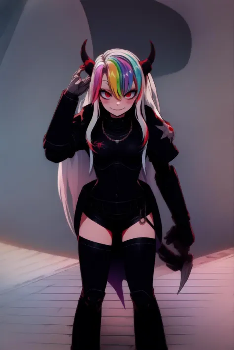 Roxy_Citron_OC, 1girl, solo, red eyes, ((white hair, rainbow hair, long hair, streaked hair, hair between eyes,)), full armor, black legion, pauldrons, skull, shoulder spikes, claws, horns, spikes, power talon, arm cannon, skull ornament, glowing, cape, terminator armor, gauntlets, chain, holding axe, pelvic curtain, full_body, standing,