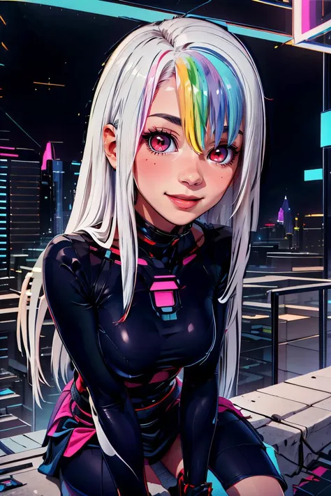 <lora:RetrowaveTech:1.2>,retrowavetech ,scifi, virtual, vaporwave , wireframe , colored glowing hair , (long dress, sundress:1),(thick outlines, comics,:1.1),  perfect hands, masterpiece:1.2, (upperbody, leaning forward:1.2),  smile, sitting, looking at viewer,  <lora:Roxy_Citron_OC_AnyLora:0.8>, Roxy_Citron_OC, 1girl, solo, red eyes, white hair, rainbow hair, long hair, streaked hair, hair between eyes, smile,  glowing clothes, skirt, cowboy shot,  detailed background, detailed face, detailed eyes,  <lora:more_details:0.7>,