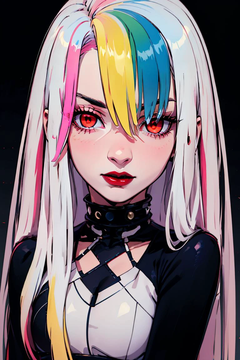 <lora:Minimalistic_Style:0.6>, black background, ((masterpiece,best quality)), absurdres, upper body, black background, red glow, glowing eyes,
<lora:Roxy_Citron_OC_AnyLora:0.8>, Roxy_Citron_OC, 1girl, solo, red eyes, white hair, rainbow hair, long hair, streaked hair, hair between eyes, head tilt, red lips,
pink hair, yellow hair, green hair, blue hair,