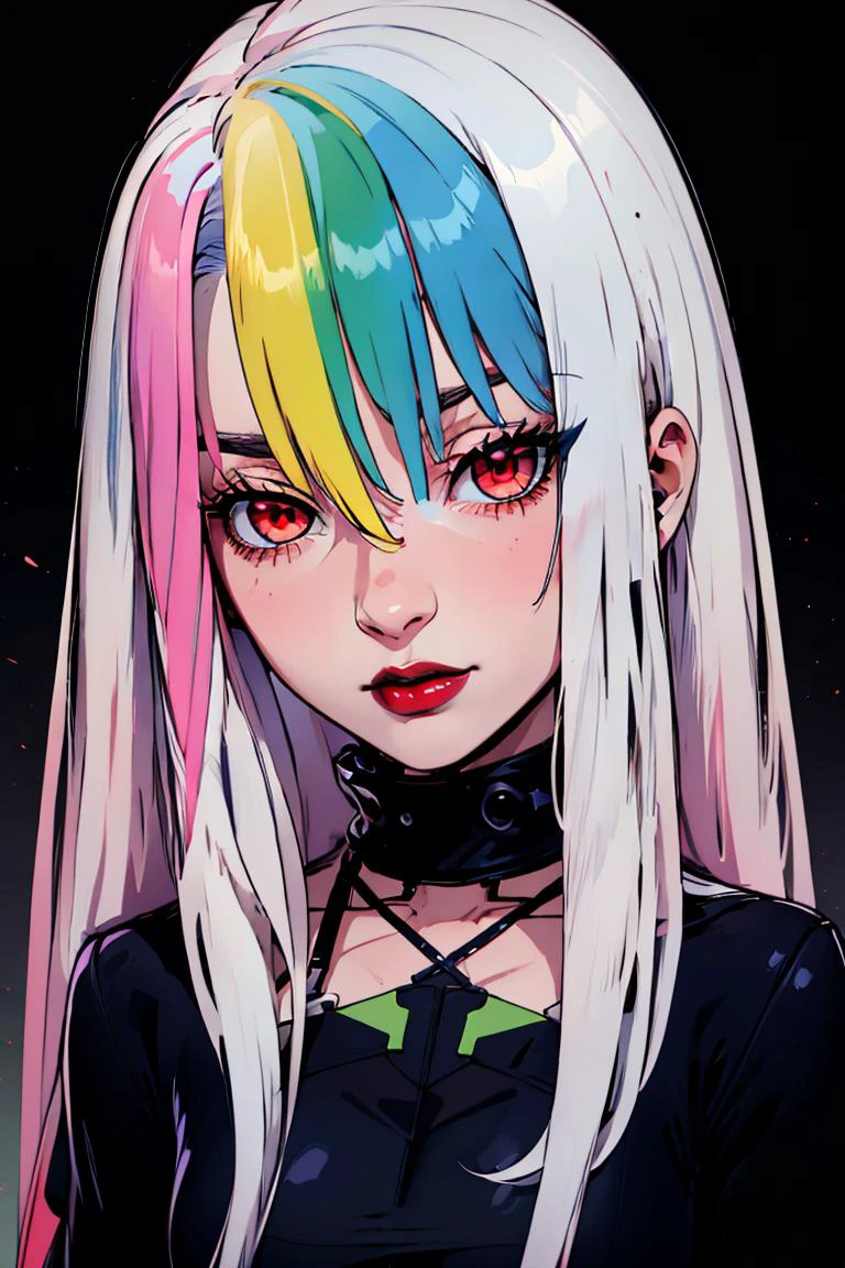 <lora:Minimalistic_Style:0.6>, black background, ((masterpiece,best quality)), absurdres, upper body, black background, rainbow glow,
<lora:Roxy_Citron_OC_AnyLora:0.8>, Roxy_Citron_OC, 1girl, solo, red eyes, white hair, rainbow hair, long hair, streaked hair, hair between eyes, head tilt, red lips,
pink hair, yellow hair, green hair, blue hair,