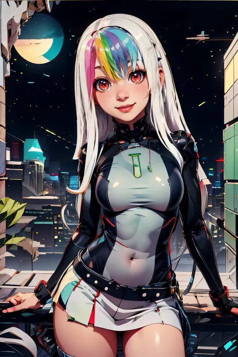 <lora:BambooTech:1.2>, bambootech , scifi, bamboo, fibers(thick outlines, comics,:1.1), perfect hands, masterpiece:1.2, (upperbody, head tilt:1.2), smile, looking at viewer, <lora:Roxy_Citron_OC_AnyLora:0.8>, Roxy_Citron_OC, 1girl, solo, red eyes, white hair, rainbow hair, long hair, streaked hair, hair between eyes, smile, glowing clothes, skirt, cowboy shot, detailed background, detailed face, detailed eyes, <lora:more_details:0.7>,