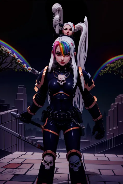 Roxy_Citron_OC, 1girl, solo, red eyes, ((white hair, rainbow hair, long hair, streaked hair, hair between eyes,)), full armor, black legion, pauldrons, skull, shoulder spikes, claws, horns, spikes, power talon, arm cannon, skull ornament, glowing, cape, terminator armor, gauntlets, chain, holding axe, pelvic curtain, full_body, standing,