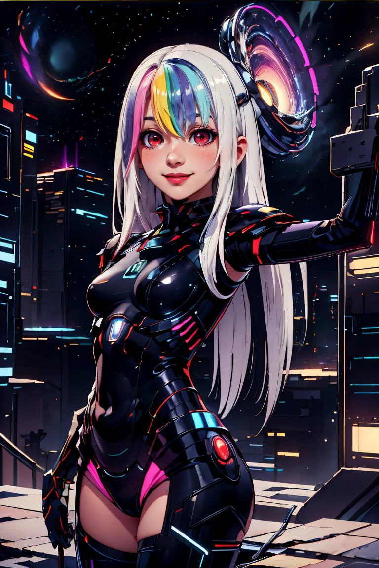 <lora:UltraBlackholeTech:1>,ulblackholetech , ,scifi, blackhole, excessive energy, colored glowing hair ,glowing eyes, (scifi armor, shiny metal, shoulder armor:1), space, stars, starry sky, planets, (thick outlines, comics), perfect hands, masterpiece:1.2, smile, looking at viewer, <lora:Roxy_Citron_OC_AnyLora:0.7>, Roxy_Citron_OC, 1girl, solo, red eyes, white hair, rainbow hair, long hair, streaked hair, hair between eyes, smile, dynamic pose, cowboy shot, detailed background, detailed face, detailed eyes, <lora:more_details:0.5>,