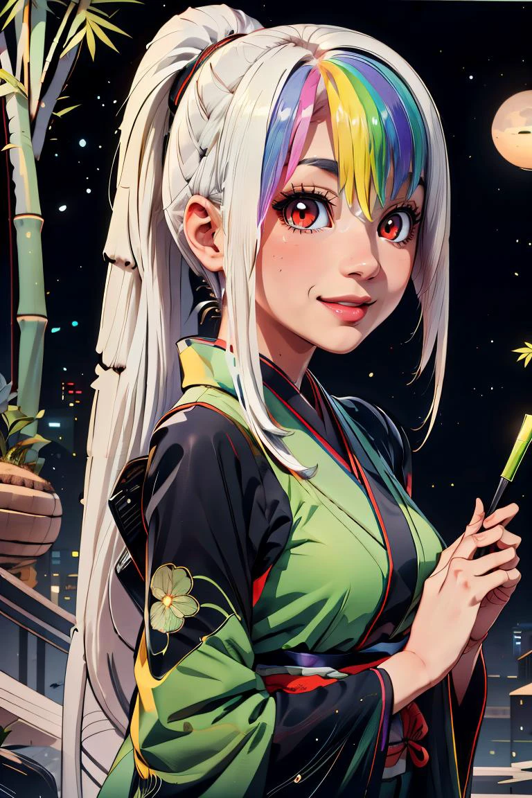<lora:BambooTech:1>, bambootech , scifi, bamboo, fibers, (green kimono, traditional japanese clothes:1) ponytail, (thick outlines, comics), perfect hands, masterpiece:1.2, smile, looking at viewer, <lora:Roxy_Citron_OC_AnyLora:0.7>, Roxy_Citron_OC, 1girl, solo, red eyes, white hair, rainbow hair, long hair, streaked hair, hair between eyes, smile, dynamic pose, cowboy shot, detailed background, detailed face, detailed eyes, <lora:more_details:0.5>,
