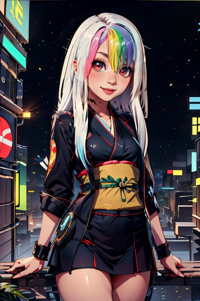 <lora:BambooTech:1.2>, bambootech , scifi, bamboo, fibers, (green kimono, traditional japanese clothes:1), (thick outlines, comics,:1.1), perfect hands, masterpiece:1.2, (hip to the side, head tilt:1.2), smug, smirk, looking at viewer, <lora:Roxy_Citron_OC_AnyLora:0.8>, Roxy_Citron_OC, 1girl, solo, red eyes, white hair, rainbow hair, long hair, streaked hair, hair between eyes, smile, glowing clothes, skirt, cowboy shot, detailed background, detailed face, detailed eyes, <lora:more_details:0.7>,