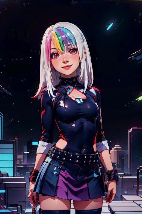 <lora:RetrowaveTech:1.2>,retrowavetech ,scifi, virtual, vaporwave , wireframe , monster girl,colored glowing hair , 1girl, short hair, tomboy, living weapon ,(thick outlines, comics,:1.1),  perfect hands, masterpiece:1.2, (hip to the side, head tilt:1.2),  smug, smirk, looking at viewer,  <lora:Roxy_Citron_OC_AnyLora:0.8>, Roxy_Citron_OC, 1girl, solo, red eyes, white hair, rainbow hair, long hair, streaked hair, hair between eyes, smile, blue clothes, glowing clothes, skirt, cowboy shot,  detailed background, detailed face, detailed eyes,  <lora:more_details:0.7>,