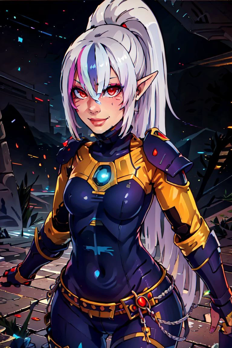 ((masterpiece,best quality)), <lora:Eldar_World:0.8>, Eldar_World, scifi, long hair, ponytail, jewelry, white hair, armor, makeup, lipstick, body armor, gauntlets, shoulder armor, cowboy shot, <lora:Roxy_Citron_OC_AnyLora:0.7>, Roxy_Citron_OC, 1girl, solo, pointy ears, armor, colored skin, magic, red eyes, white hair, rainbow hair, long hair, streaked hair, hair between eyes, smile, blue glow, blue theme, swirling energy,