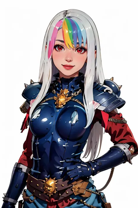 ((masterpiece,best quality)), absurdres, upper body,
gauntlets, spikes,wearing edgAdepta,power armor,shoulder armor,skull emblem, <lora:edgWar40KAdeptaSororitas:1>,
<lora:Roxy_Citron_OC_AnyLora:0.6>, Roxy_Citron_OC, 1girl, solo, red eyes, white hair, rainbow hair, long hair, streaked hair, hair between eyes, smile,
shiny metal, breastplate, full armor,
solo, looking at viewer, cowboy shot, hand on hip,