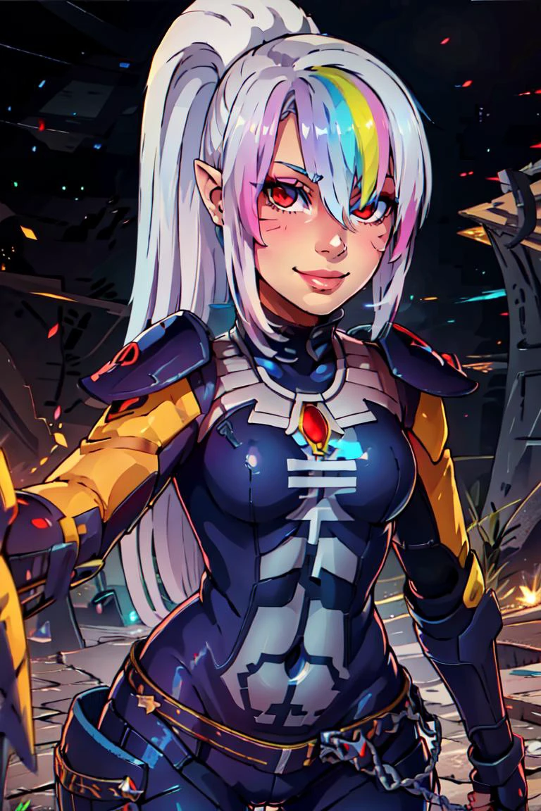 ((masterpiece,best quality)), <lora:Eldar_World:0.8>, Eldar_World, scifi, long hair, ponytail, jewelry, white hair, armor, makeup, lipstick, body armor, gauntlets, shoulder armor, cowboy shot, <lora:Roxy_Citron_OC_AnyLora:0.7>, Roxy_Citron_OC, 1girl, solo, pointy ears, armor, colored skin, magic, red eyes, white hair, rainbow hair, long hair, streaked hair, hair between eyes, smile, blue glow, blue theme, swirling energy,