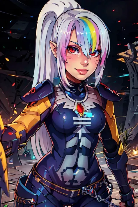 ((masterpiece,best quality)), <lora:Eldar_World:0.8>, Eldar_World, scifi, long hair, ponytail, jewelry, white hair, armor, makeup, lipstick, body armor, gauntlets, shoulder armor, cowboy shot,  <lora:Roxy_Citron_OC_AnyLora:0.7>, Roxy_Citron_OC, 1girl, solo, pointy ears, armor, colored skin, magic, red eyes, white hair, rainbow hair, long hair, streaked hair, hair between eyes, smile, blue glow, blue theme, swirling energy,