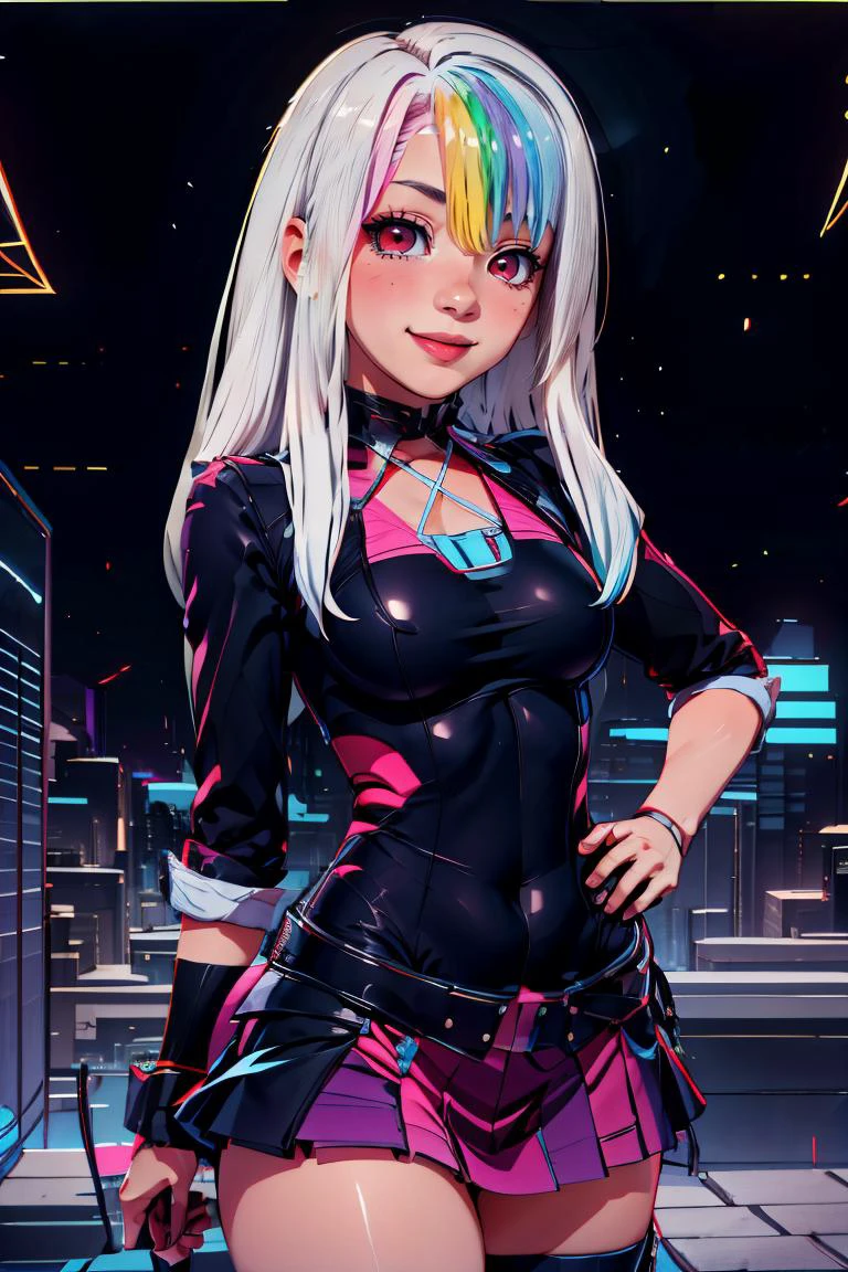 <lora:RetrowaveTech:1.2>,retrowavetech ,scifi, virtual, vaporwave , wireframe , colored glowing hair , (magical girl, idol, k-pop, music notes:1),(thick outlines, comics,:1.1), perfect hands, masterpiece:1.2, (hip to the side, head tilt:1.2), smug, smirk, looking at viewer, <lora:Roxy_Citron_OC_AnyLora:0.8>, Roxy_Citron_OC, 1girl, solo, red eyes, white hair, rainbow hair, long hair, streaked hair, hair between eyes, smile, glowing clothes, skirt, cowboy shot, detailed background, detailed face, detailed eyes, <lora:more_details:0.7>,