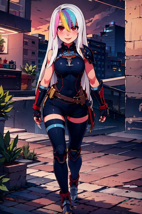 ((masterpiece,best quality)), absurdres, <lora:Roxy_Citron_OC_AnyLora:0.8>, Roxy_Citron_OC, 1girl, solo, red eyes, white hair, rainbow hair, long hair, streaked hair, hair between eyes, smile, shiny metal, full body armor, breastplate, fingerless gloves, shoulder armor, gauntlets