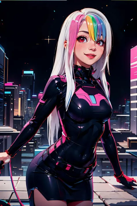<lora:RetrowaveTech:1>,retrowavetech ,scifi, virtual, vaporwave , wireframe , colored glowing hair , (long dress, sundress:1),(thick outlines, comics), perfect hands, masterpiece:1.2, smile, looking at viewer, <lora:Roxy_Citron_OC_AnyLora:0.7>, Roxy_Citron_OC, 1girl, solo, red eyes, white hair, rainbow hair, long hair, streaked hair, hair between eyes, smile, dynamic pose, cowboy shot, detailed background, detailed face, detailed eyes, <lora:more_details:0.5>,