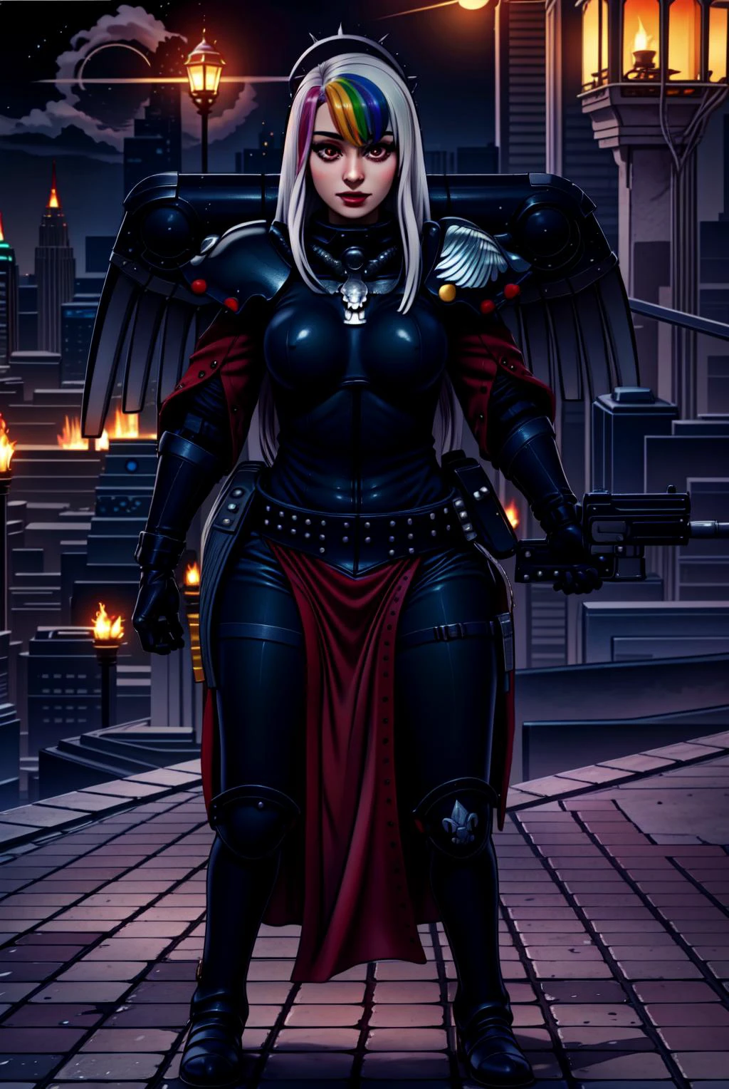 Roxy_Citron_OC, 1girl, solo, red eyes, white hair, rainbow hair, long hair, streaked hair, hair between eyes, adepta sororitas, pelvic curtain, full armor, shoulder armor, solo, holding, gun, pauldrons, boots, gloves, gauntlets, skull, silver, breastplate, mechanical wings, greaves, iron halo, red cape, full_body, standing,
