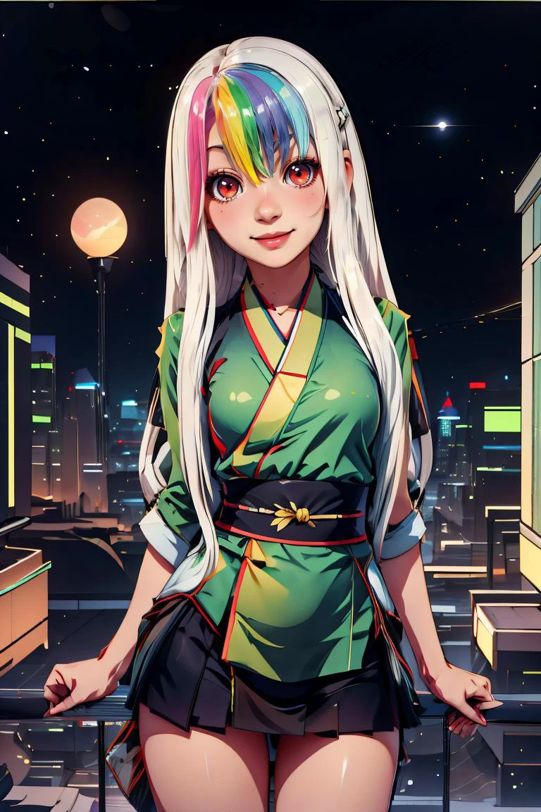 <lora:BambooTech:1.2>, bambootech , scifi, bamboo, fibers, (green kimono, traditional japanese clothes:1), (thick outlines, comics,:1.1), perfect hands, masterpiece:1.2, (hip to the side, head tilt:1.2), smug, smirk, looking at viewer, <lora:Roxy_Citron_OC_AnyLora:0.8>, Roxy_Citron_OC, 1girl, solo, red eyes, white hair, rainbow hair, long hair, streaked hair, hair between eyes, smile, glowing clothes, skirt, cowboy shot, detailed background, detailed face, detailed eyes, <lora:more_details:0.7>,