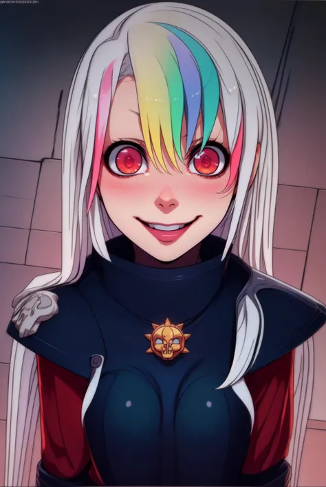 Roxy_Citron_OC, 1girl, solo, red eyes, white hair, rainbow hair, long hair, streaked hair, hair between eyes, edgAdepta,wearing edgAdepta,power armor,shoulder armor,skull emblem