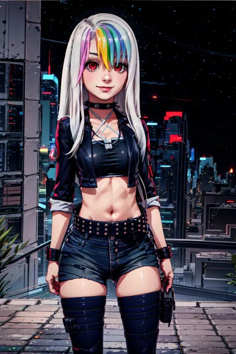 <lora:more_details:0.8> <lora:improve_backgrounds:0.85>  <lora:Roxy_Citron_OC_AnyLora:1> <lora:Cyberpunk_style:0.8> Roxy_Citron_OC,  1girl, solo, red eyes, white hair, rainbow hair, long hair, streaked hair, hair between eyes || open jacket, black jacket, midriff, crop top, cropped jacket, belt, criss-cross halter, shorts, shirt, choker, black thighhighs, jewelry, in a cyberpunk city full of neons, Cyberpunk Style, cyberpunk, cute smile