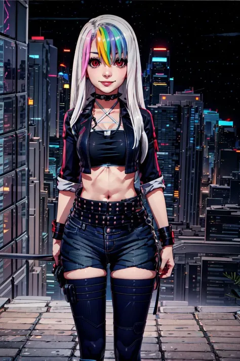 <lora:more_details:0.8> <lora:improve_backgrounds:0.85> <lora:Roxy_Citron_OC_AnyLora:1> <lora:Cyberpunk_style:0.8> Roxy_Citron_OC, 1girl, solo, red eyes, white hair, rainbow hair, long hair, streaked hair, hair between eyes || open jacket, black jacket, midriff, crop top, cropped jacket, belt, criss-cross halter, shorts, shirt, choker, black thighhighs, jewelry, in a cyberpunk city full of neons, Cyberpunk Style, cyberpunk, cute smile