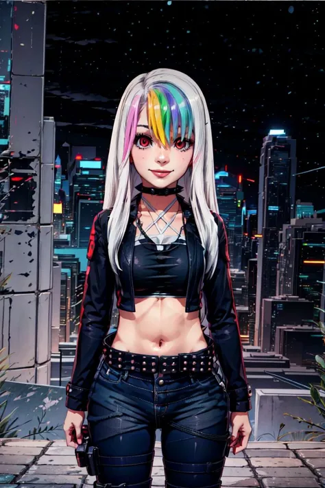<lora:more_details:0.8> <lora:improve_backgrounds:0.85> <lora:Roxy_Citron_OC_AnyLora:1> <lora:Cyberpunk_style:0.8> Roxy_Citron_OC, 1girl, solo, red eyes, white hair, rainbow hair, long hair, streaked hair, hair between eyes || open jacket, black jacket, midriff, crop top, cropped jacket, belt, criss-cross halter, shorts, shirt, choker, black thighhighs, jewelry, in a cyberpunk city full of neons, Cyberpunk Style, cyberpunk, cute smile