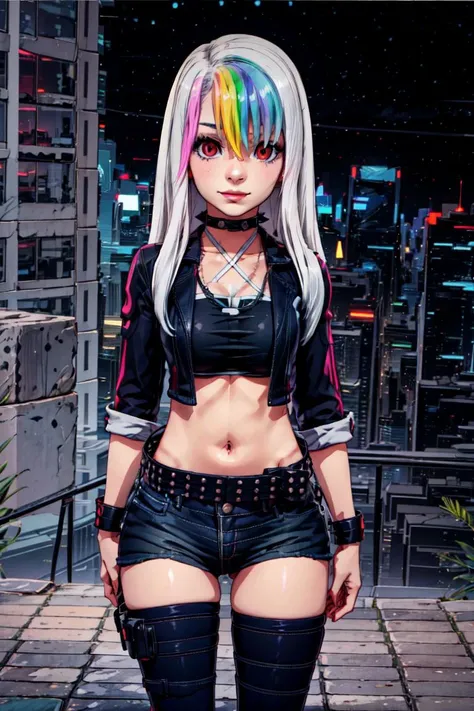 <lora:more_details:0.8> <lora:improve_backgrounds:0.85>  <lora:Roxy_Citron_OC_AnyLora:1> <lora:Cyberpunk_style:0.8> Roxy_Citron_OC,  1girl, solo, red eyes, white hair, rainbow hair, long hair, streaked hair, hair between eyes || open jacket, black jacket, midriff, crop top, cropped jacket, belt, criss-cross halter, shorts, shirt, choker, black thighhighs, jewelry, in a cyberpunk city full of neons, Cyberpunk Style, soft smile