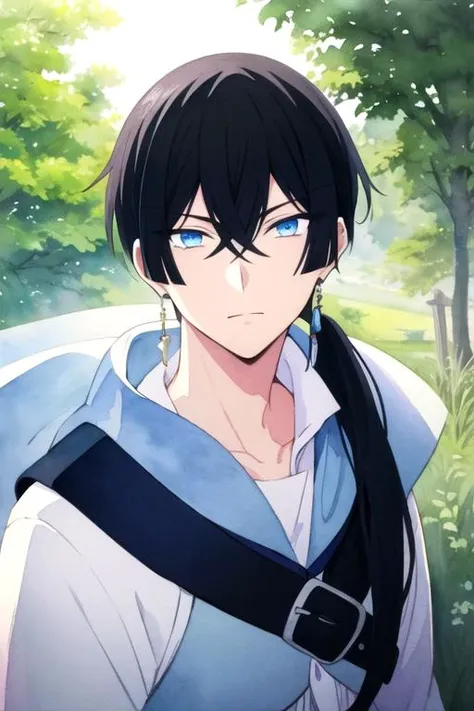 masterpiece, best quality, photorealistic, 1boy, solo, male focus, looking at viewer, upper body, , (watercolor illustration, soft pastel colors:1.1), , <lora:vanitas_no_karte:0.74>, vanitas_no_karte, black hair, blue eyes, long hair, low ponytail, , medieval europe,