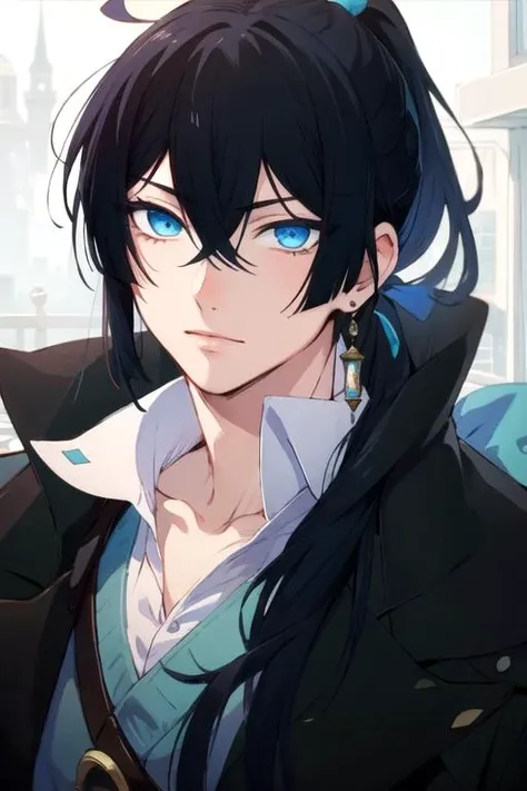 masterpiece, best quality, photorealistic, 1boy, solo, male focus, looking at viewer, upper body, , , realistic, <lora:vanitas_no_karte:0.74>, vanitas_no_karte, black hair, blue eyes, ponytail, , , ,