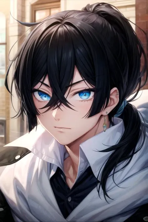 masterpiece, best quality, movie still, 1boy, solo, male focus, looking at viewer, , , anime coloring, , <lora:vanitas_no_karte:0.70>, vanitas_no_karte, black hair, blue eyes, ponytail, , , 8k resolution