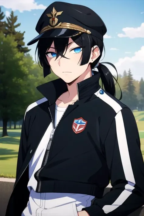 masterpiece, best quality, , 1boy, solo, male focus, looking at viewer, , depth of field, ligne claire, realistic, <lora:vanitas_no_karte:0.72>, vanitas_no_karte, black hair, blue eyes, long hair, low ponytail, track jacket, golf cap, world war 1, 2k resolution