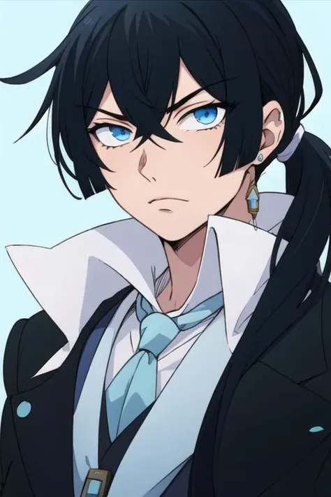 masterpiece, best quality, illustration, 1boy, solo, male focus, looking at viewer, upper body, depth of field, anime coloring, , <lora:vanitas_no_karte:0.72>, vanitas_no_karte, black hair, blue eyes, long hair, low ponytail, suit, , science fiction superhero,