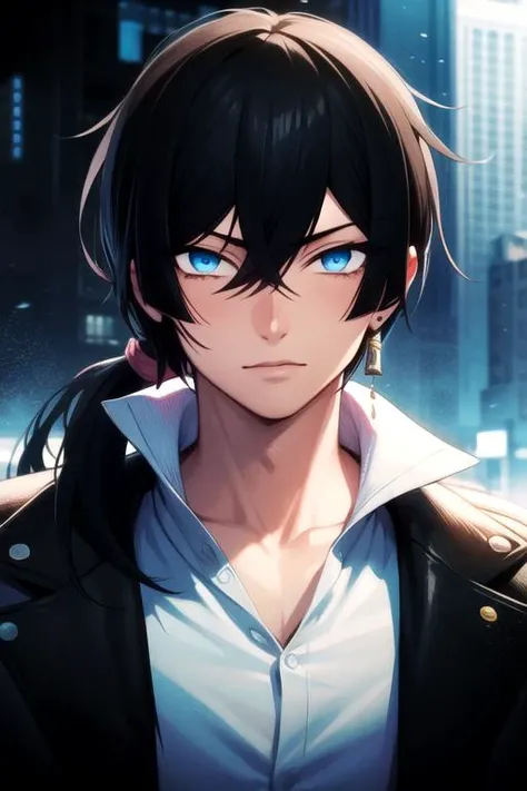 masterpiece, best quality, photorealistic, 1boy, solo, male focus, looking at viewer, , , , , <lora:vanitas_no_karte:0.74>, vanitas_no_karte, black hair, blue eyes, ponytail, , cyberpunk,