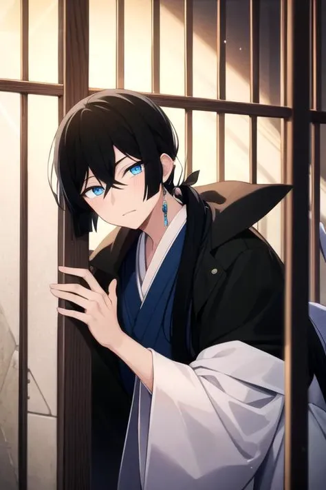 masterpiece, best quality, illustration, 1boy, solo, male focus, looking at viewer, , , , , <lora:vanitas_no_karte:0.70>, vanitas_no_karte, black hair, blue eyes, long hair, low ponytail, japanese costume, prison cell, 32k resolution