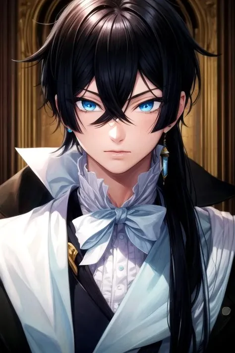 masterpiece, best quality, photorealistic, 1boy, solo, male focus, looking at viewer, upper body, , anime coloring, , <lora:vanitas_no_karte:0.72>, vanitas_no_karte, black hair, blue eyes, long hair, butler costume, , 2k resolution
