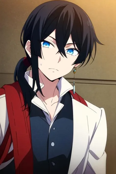 masterpiece, best quality, illustration, 1boy, solo, male focus, looking at viewer, upper body, depth of field, , , <lora:vanitas_no_karte:0.66>, vanitas_no_karte, black hair, blue eyes, ponytail