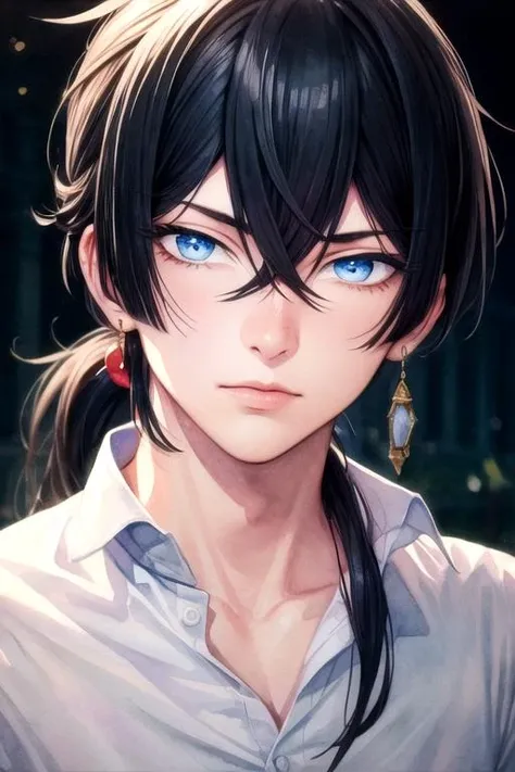 masterpiece, best quality, , 1boy, solo, male focus, looking at viewer, , depth of field, (watercolor illustration, soft pastel colors:1.1), realistic, <lora:vanitas_no_karte:0.66>, vanitas_no_karte, black hair, blue eyes, ponytail, , , 8k resolution