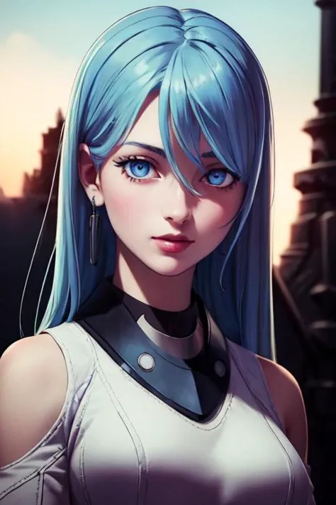 (best quality:1.1), (masterpiece:1.4), wallpaper, , upper body, depth of field, anime coloring, (realistic:1.4), 1girl, solo, <lora:schnee_synduality_noir:0.76>, schnee_synduality_noir, blue hair, blue eyes, long hair, bangs, , , , Mordor: A dark and evil land ruled by the dark lord Sauron,