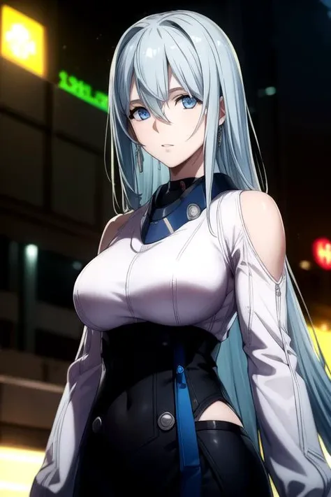 photorealistic, (4k), depth of field, (Masterpiece), (realistic skin texture), extremely detailed, intricate, hyper detailed, high resolution, professional photography, bokeh, depth of field, sharp detail, best quality, looking at viewer, 1girl, solo, <lora:schnee_synduality_noir:0.84>, schnee_synduality_noir, blue hair, blue eyes, long hair, , hair between eyes, irish costume, science fiction time travel, HD-DVD