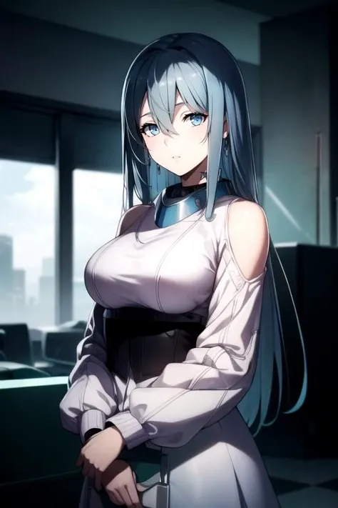 photorealistic, (4k), depth of field, (Masterpiece), (realistic skin texture), extremely detailed, intricate, hyper detailed, high resolution, professional photography, , depth of field, sharp detail, best quality, looking at viewer, 1girl, solo, <lora:schnee_synduality_noir:0.74>, schnee_synduality_noir, blue hair, blue eyes, , , hair between eyes, cowboy costume, dieselpunk, HD
