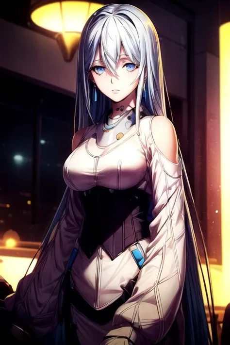 (best quality:1.1), (masterpiece:1.4), illustration, , , depth of field, , (semi-realistic:1.4), 1girl, solo, <lora:schnee_synduality_noir:0.96>, schnee_synduality_noir, blue hair, blue eyes, long hair, bangs, hair between eyes, irish costume, atompunk,
