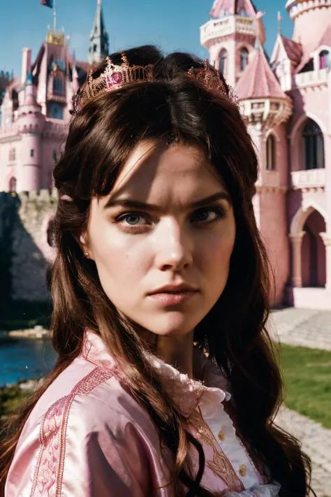 A stunning intricate full color portrait of ert, dressed as a pink princess, castle background, epic character composition, by ilya kuvshinov, alessio albi, nina masic, sharp focus, natural lighting, subsurface scattering, f2, 35mm,<lora:ErinTichards-RealVision-V1.0:1>