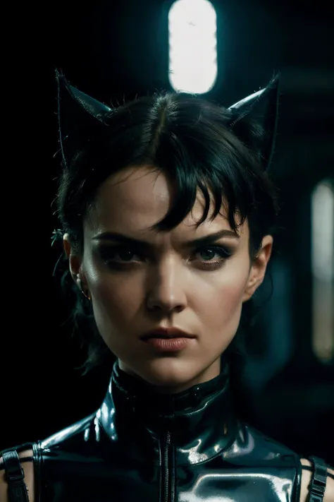 A stunning intricate full color portrait of ert, wearing a catwoman costume, epic character composition, by ilya kuvshinov, alessio albi, nina masic, sharp focus, natural lighting, subsurface scattering, f2, 35mm,<lora:ErinTichards-RealVision-V1.0:1>