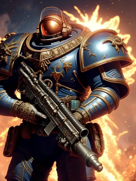 (extremely detailed 8k wallpaper), a medium shot photo of a detailed space marine in an alien landscape holding a futuristic weapon, Intricate, High Detail, dramatic, best quality masterpiece, photorealistic, detailed, 8k, HDR, backlighting, bloom, light sparkles, chromatic aberration, sharp focus