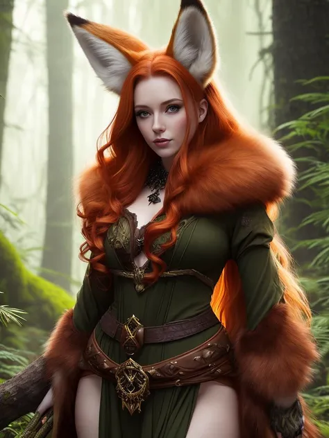 Big breasted fox girl crouching on the ground in a forest.