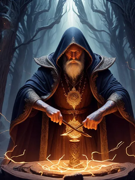 (extremely detailed 8k wallpaper), a medium shot photo of a dark sorcerer holding a carved wooden staff, magic, Intricate, High Detail, dramatic, best quality masterpiece, photorealistic, detailed, 8k, HDR, backlighting, bloom, light sparkles, chromatic aberration, sharp focus