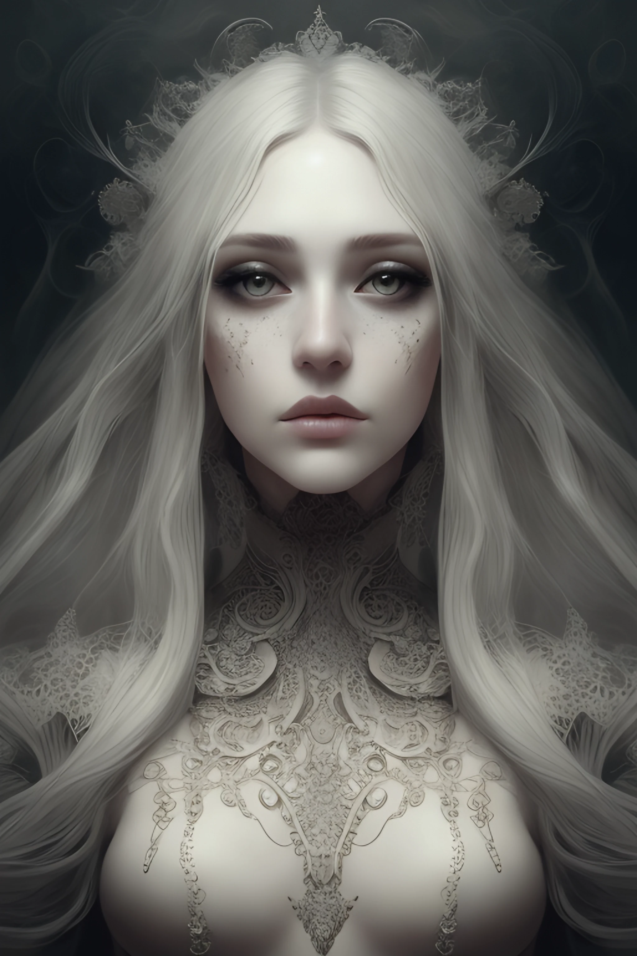 portrait, beautiful woman, white hair, ornate dress, (long hair in waves like smoke):0.85 , confident expression, detailed, 16k, sf, intricate artwork masterpiece, ominous, matte painting movie poster, golden ratio, trending on cgsociety, intricate, epic, trending on artstation, by artgerm, h. r. giger and beksinski, highly detailed, vibrant, production cinematic character render, ultra high quality model:1