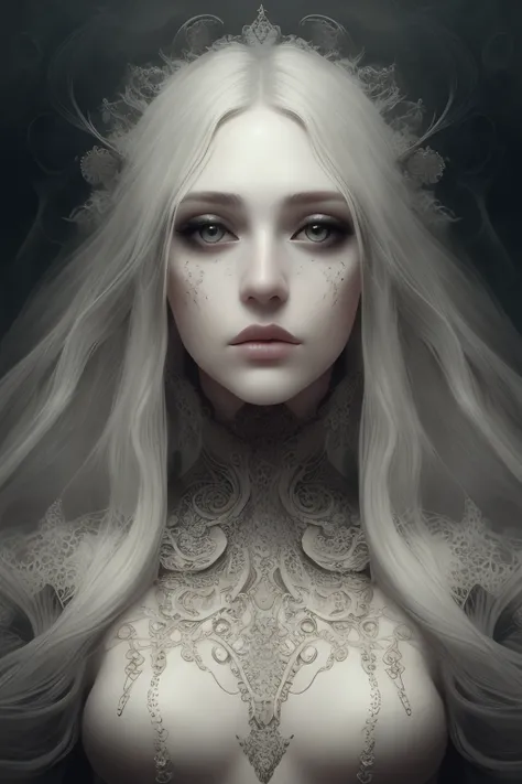 portrait, beautiful woman, white hair, ornate dress, (long hair in waves like smoke):0.85 , confident expression, detailed, 16k, sf, intricate artwork masterpiece, ominous, matte painting movie poster, golden ratio, trending on cgsociety, intricate, epic, trending on artstation, by artgerm, h. r. giger and beksinski, highly detailed, vibrant, production cinematic character render, ultra high quality model:1