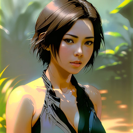 full body portrait of a beautiful young balinese lady, short hair, (sci-fi:1.2), masterpiece, intense shadows, ambient light, illustration, (thick outlines:1.2), cartoon, highres, drawn by Inoue Takehiko, (Yoji Shinkawa:0.9), Jakub Rozalski, (kuvshinov:1)