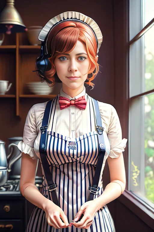 <Style-Psycho> portrait of a maid, undercut hair, happy, red hair, freckles, apron, big breast, amazing body, pronounced feminine feature, legwear suspenders, kitchen, close up, skin covered by flour