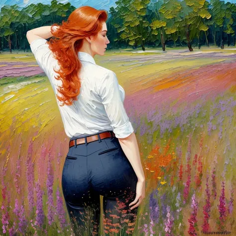 taken from behind, highly-detailed, closeup of the butt, standing straight up pose, dynamic pose, teacher uniform, nice ass uses, ginger hair,in a dreamlike setting, in tall long wildflower field, painted in impressionist style, brushstroke painting technique, palette knife painting,