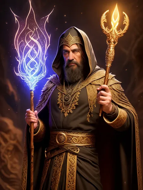 (extremely detailed 8k wallpaper), a medium shot photo of a dark sorcerer holding a carved wooden staff, magic, Intricate, High Detail, dramatic, best quality masterpiece, photorealistic, detailed, 8k, HDR, backlighting, bloom, light sparkles, chromatic aberration, sharp focus