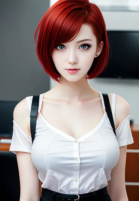 anime style, beautiful 18 year old girl with short red hair, dressed in blouse and short skirt, seductive eyes, in office, best quality masterpiece, (photorealistic)++, detailed, 8k, HDR, shallow depth of field, wide light, high contrast, backlight, bloom, highlights, chromatic aberration, sharp focus, RAW image colour,